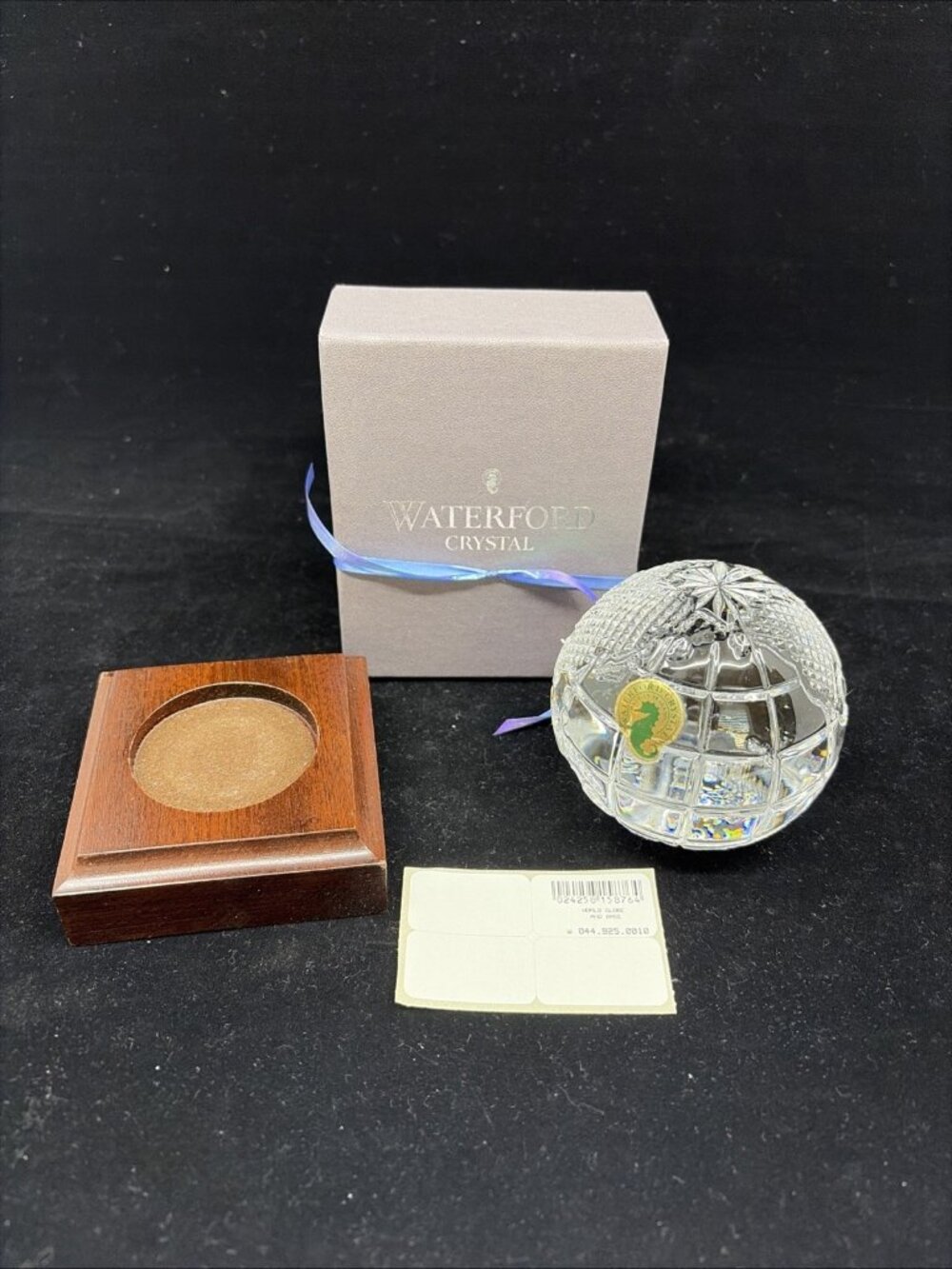 Vintage NOS Waterford Crystal World Globe Paperweight w Wood Base Box Ireland